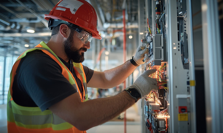 Un operaio edile in tenuta di sicurezza ispeziona i quadri elettrici e i cablaggi in un sito industriale.