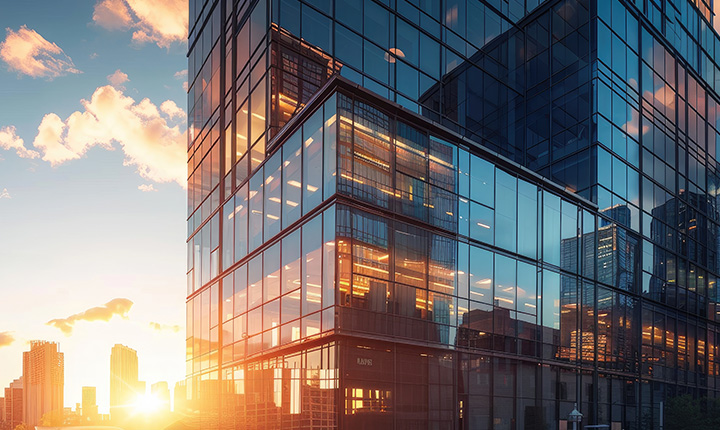 Moderno edificio per uffici in vetro che riflette lo skyline della città al tramonto, con luce solare calda e nuvole sullo sfondo.
