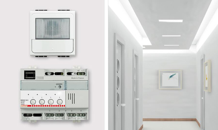 Prodotti Lighting BTicino con corridoio di un ufficio con luci a soffitto in evidenza