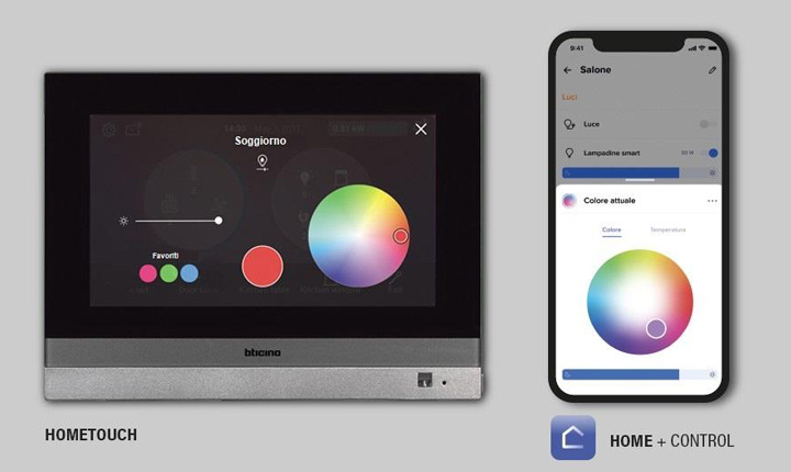 Schermata MyHome BTicino affiancato da schermata app su smartphone