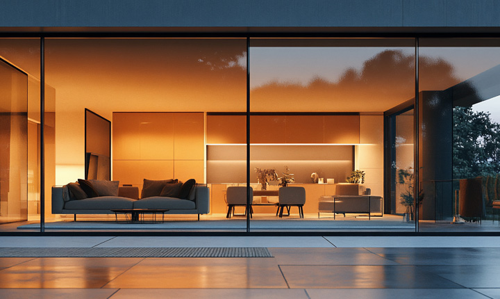Soggiorno e sala da pranzo moderni con ampie vetrate, illuminazione interna calda e arredi minimalisti.