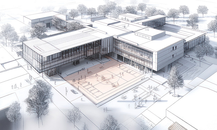 Vista aerea di un moderno edificio scolastico con grandi finestre, cortile e persone nell'area del campo da basket all'aperto.