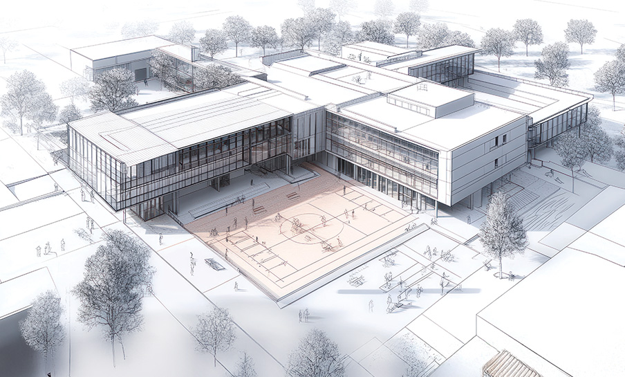 Vista aerea di un moderno edificio scolastico con grandi finestre, cortile e persone nell'area del campo da basket all'aperto.