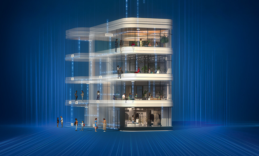 WEOZ di BTicino: arte digitale di un edificio moderno a quattro piani con persone, su uno sfondo blu futuristico.