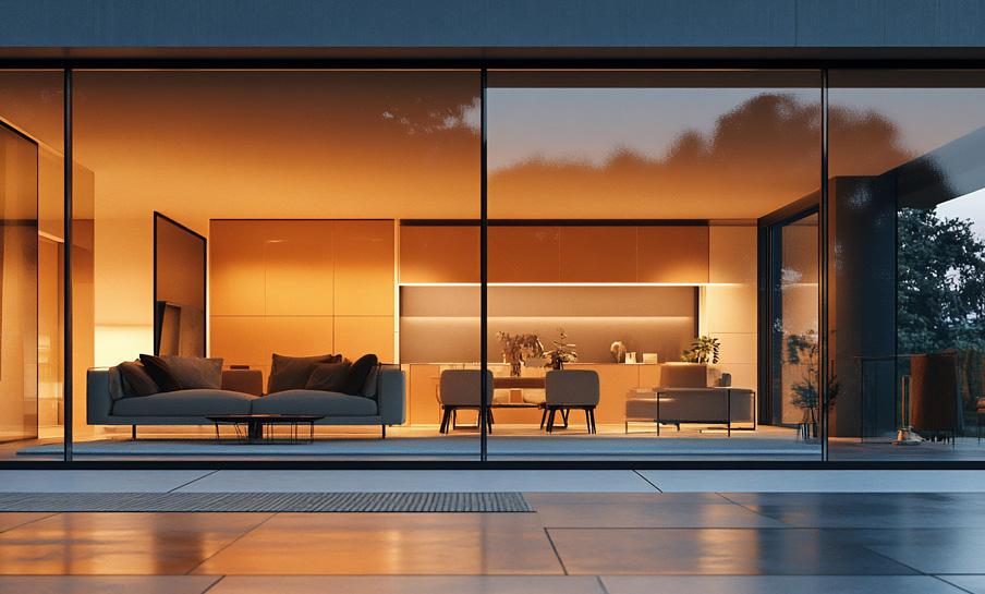 Soggiorno e sala da pranzo moderni con ampie vetrate, illuminazione interna calda e arredi minimalisti.